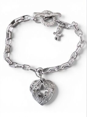 NOLA Sterling Silver Link Bracelet Fleur de Lis Heart Charm 8" Length Keepsake